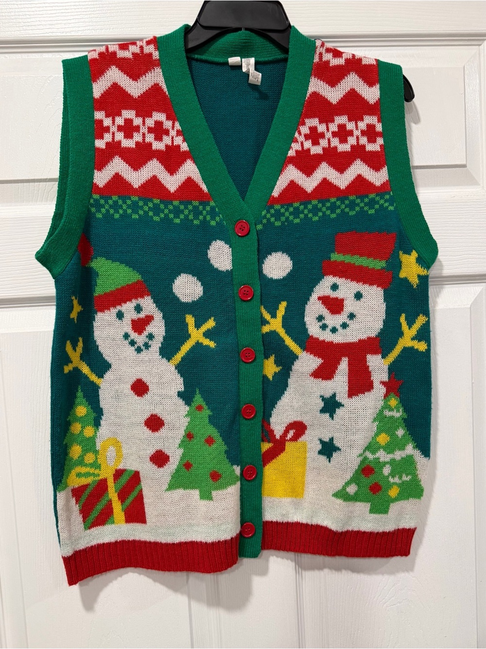 Unbranded Women S/M Red, Green and White Snowman Holiday V-Neck Sweater Vest